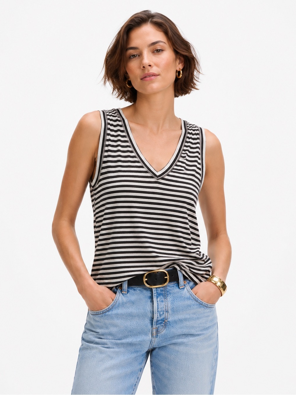 NEW Madewell Black & White Striped Slub Relaxed V-Neck Tank Size Medium